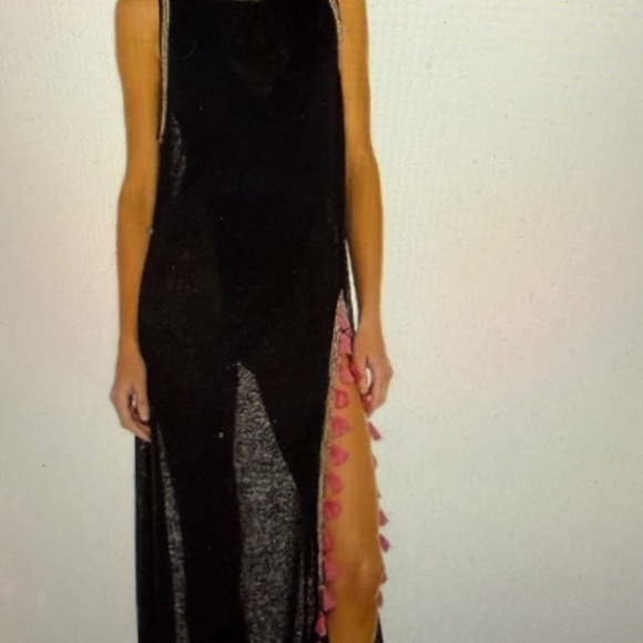 Pitusa Tassel Maxi Split Dress Black With Vibrant Pink Tassels - Picture 2 of 4